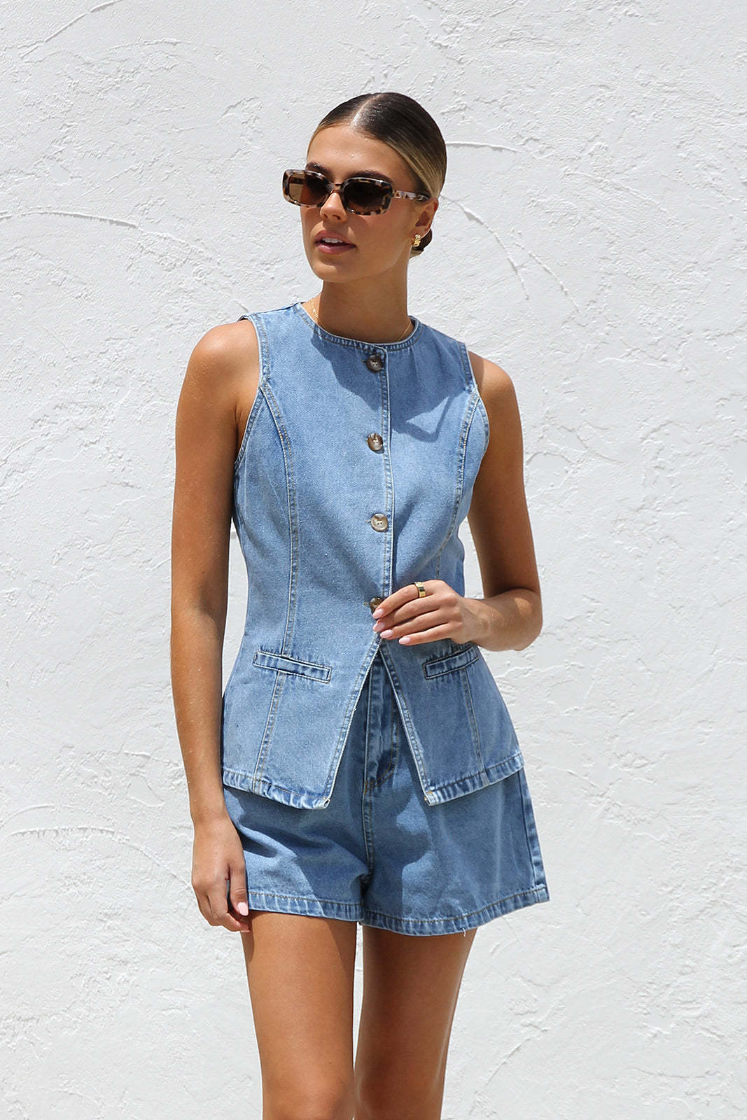 Selena Gold Button Denim Set