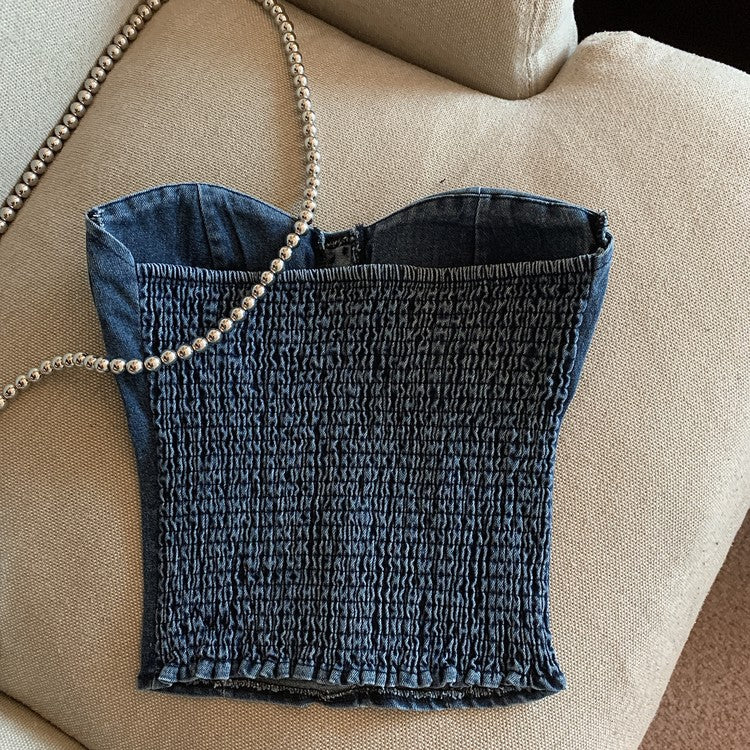 Kalp Düğmeli Denim Büstiyer