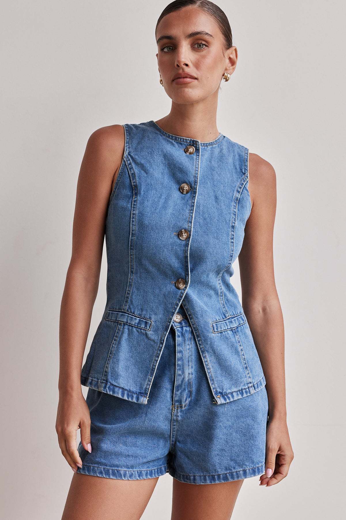 Denim Button-Up Şortlu Takım