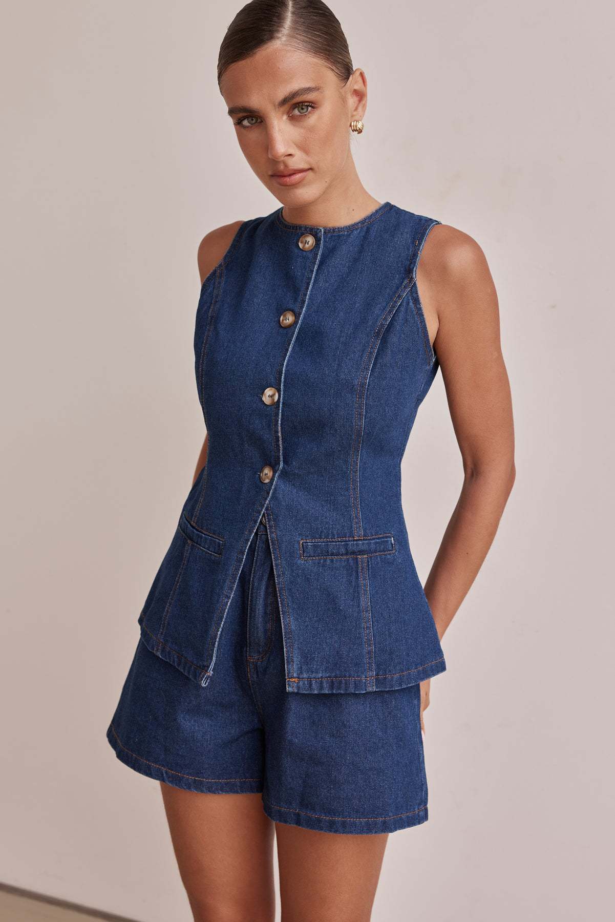 Denim Button-Up Şortlu Takım